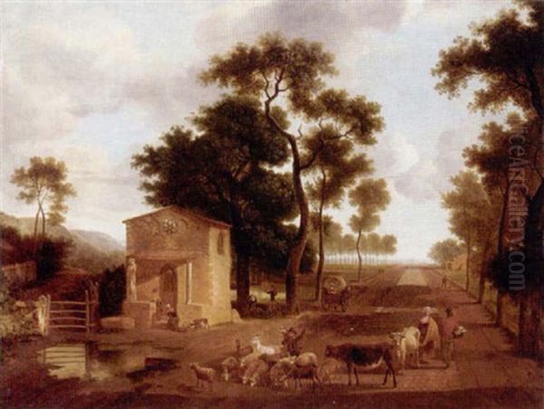 Roadside Landscape, With A Chapel And Farmers With Their Livestock Oil Painting by Jean-Louis Demarne