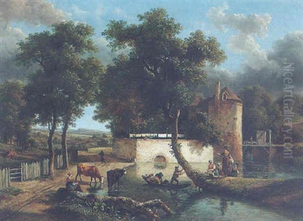 Landscape With Figures Near A Moated Chateau Oil Painting by Jean-Louis Demarne