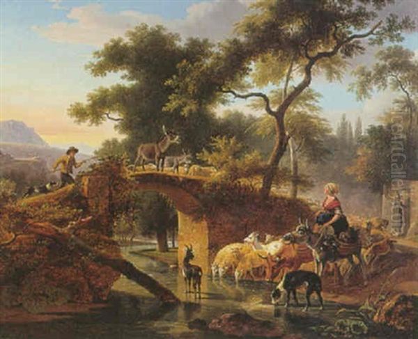 Bergere Abreuvant Son Troupeau Pres D'un Pont Oil Painting by Jean-Louis Demarne