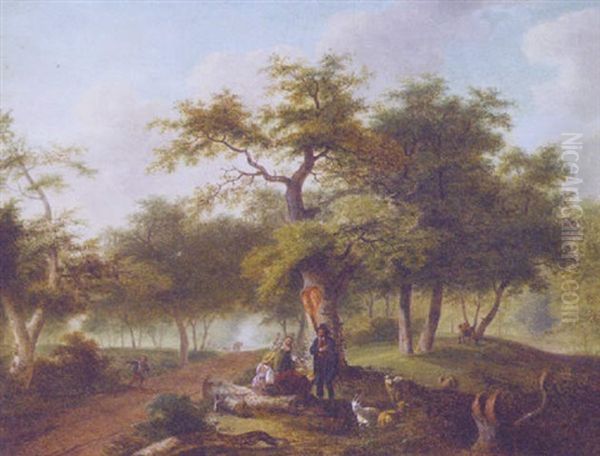 A Wooded Landscape With Peasants Playing Le Main Chaude By A Track Oil Painting by Jean-Louis Demarne