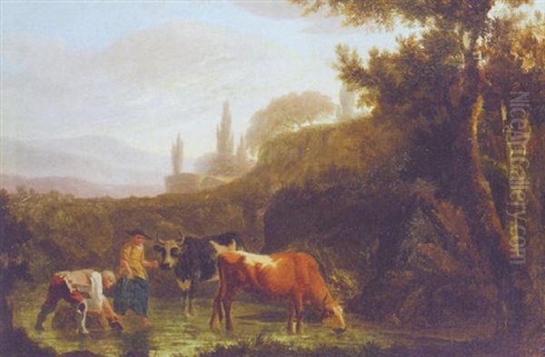 A Couple Watering Cattle In A Stream Oil Painting by Jean-Louis Demarne