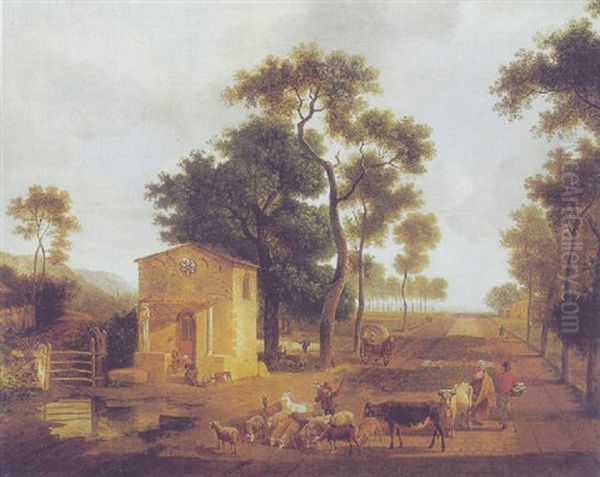 Hyrdedreng I Landskab. I Forgrunden Et Lille Kapel Oil Painting by Jean-Louis Demarne