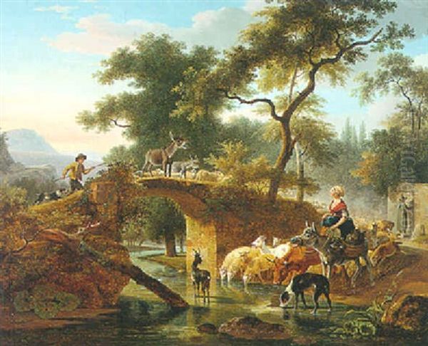 A River Landscape With A Herder And A Woman Watering Sheep, Cattle And Goats Beside A Bridge Oil Painting by Jean-Louis Demarne