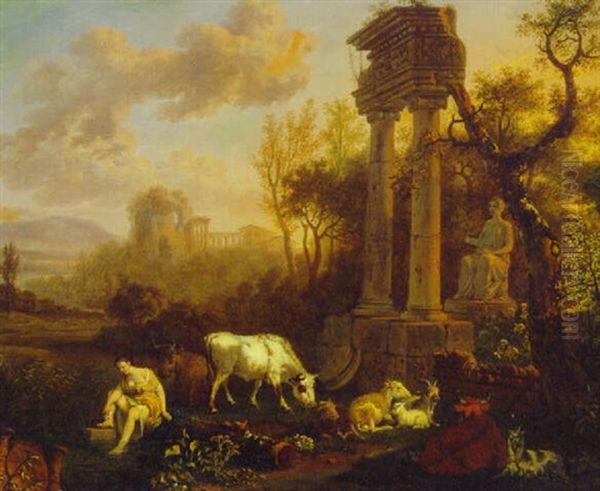 An Italianate Landscape With A Shepherdess Washing At A Pool By A Classical Ruin Oil Painting by Jean-Louis Demarne