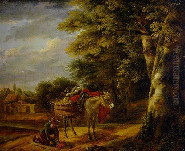 A Farmer With A Laden Donkey On A Track, A Cottage Beyond Oil Painting by Jean-Louis Demarne