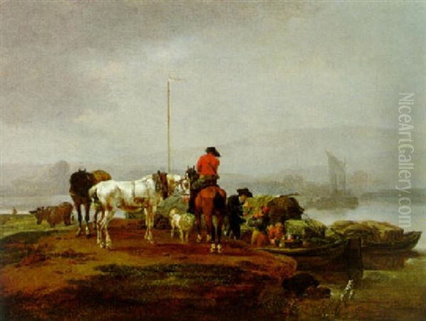 Reiter Am Flusufer Vor Einer Fahre Oil Painting by Jean-Louis Demarne