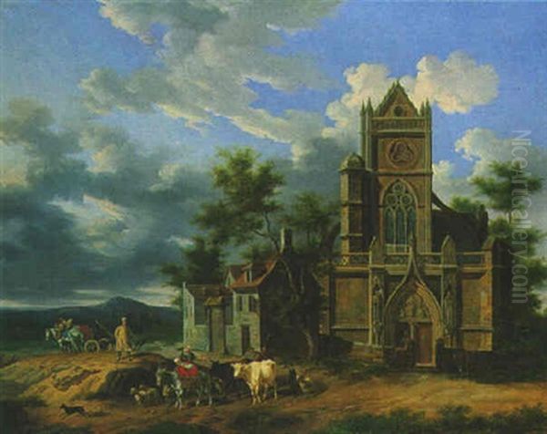 Personnages Et Eglise Gothique Dans Un Paysage Oil Painting by Jean-Louis Demarne