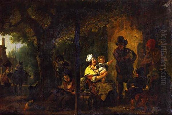 Family Gathered Outside An Inn Oil Painting by Jean-Louis Demarne