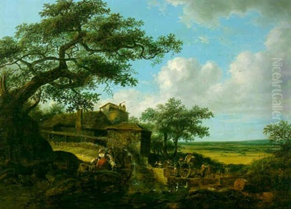 Paysage Au Moulin, Anime De Personnages Oil Painting by Jean-Louis Demarne