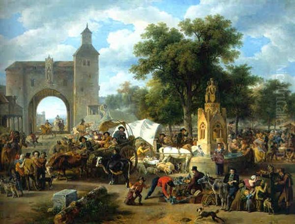 A Town Square On Market Day With Numerous Townsfolk And Tradesmen Selling Their Wares By A Gothic Fountain, A Fortified Gateway Beyond Oil Painting by Jean-Louis Demarne