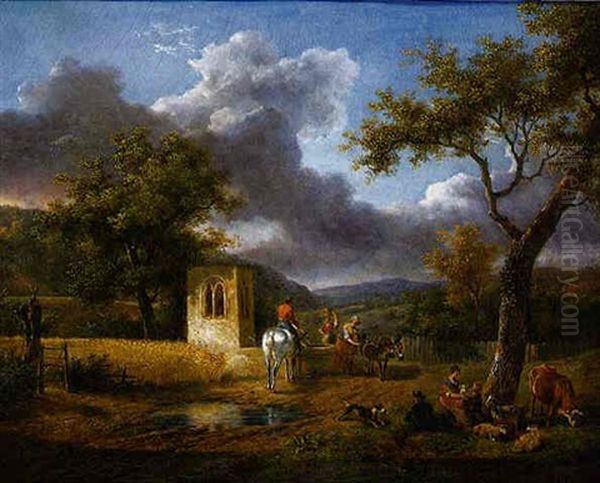 An Extensive Landscape With A Peasant Family And Their Livestock Resting By A Tree Oil Painting by Jean-Louis Demarne