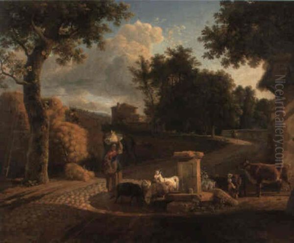 Troupeaux S'abreuvant A Une Fontaine Pres D'une Route Pavee Oil Painting by Jean-Louis Demarne