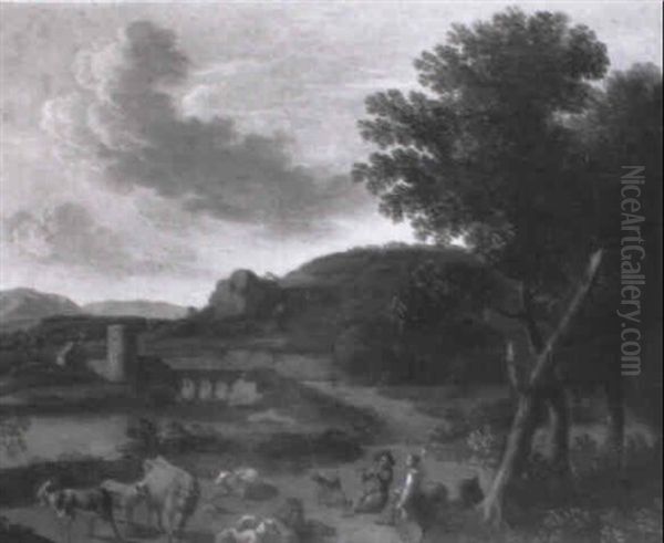 Bergers Et Leur Troupeau Dans Un Paysage by Jean-Louis Demarne