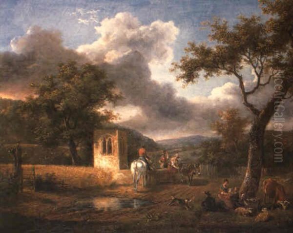 An Extensive Landscape With A Peasant Family And Their Livestock Oil Painting by Jean-Louis Demarne