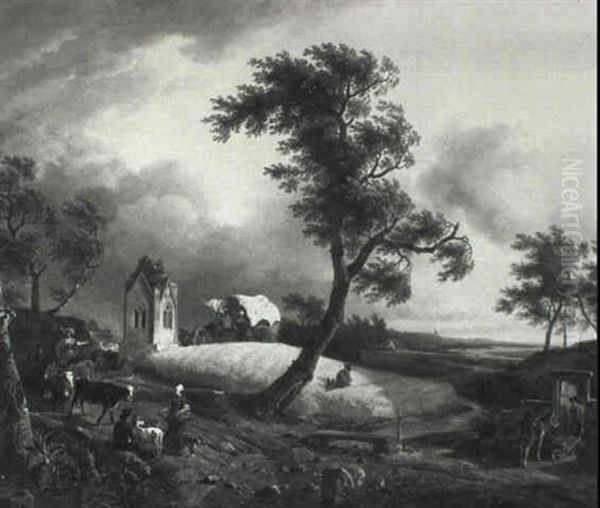 Travellers With Their Herd Along A Path In A Village Oil Painting by Jean-Louis Demarne