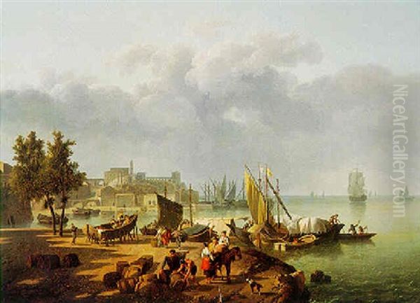 Mediterranean Port Scene With Figures And Boats Oil Painting by Jean-Louis Demarne