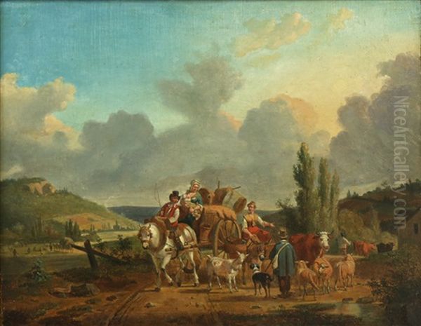 Travelers With A Loaded Cart Oil Painting by Jean Francois Demay