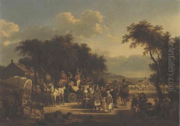 Un Officier Dans Un Caleche Haranguant La Foule D'un Fete   Foraine Dans Un Village Oil Painting by Jean Francois Demay