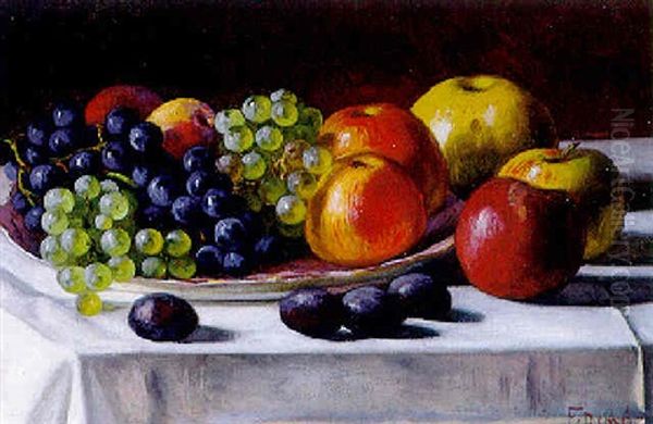 Obststilleben Mit Trauben Und Apfeln Auf Weis Gedecktem Tisch Oil Painting by Franz (August Waidhofer) Demel