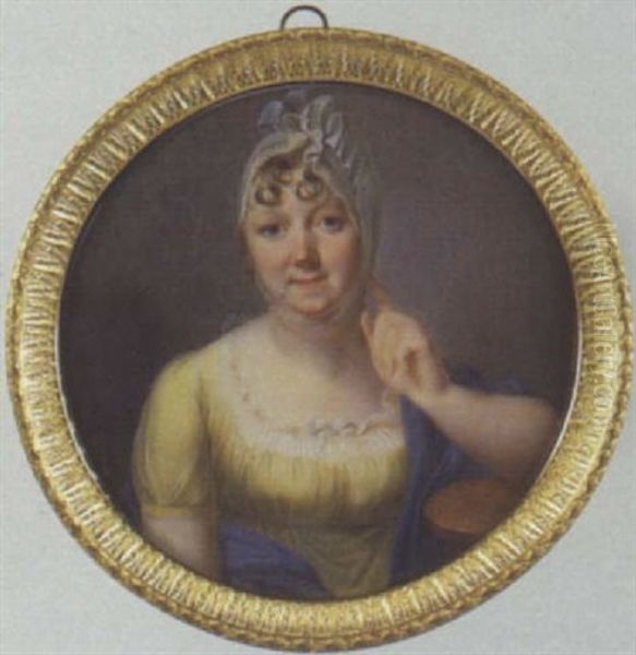 Femme De Qualite Accoudee, Portant Une Robe De Soie Jaune Bordee De Tulle, Cape Bleue Et Bonnet Blanc Ruche Oil Painting by Carl Friedrich Demiani