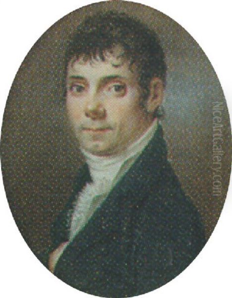 A Gentleman With Short Dark Hair Wearing A Blue Coat, White Waistcoat And Frilled Jabot Oil Painting by Carl Friedrich Demiani