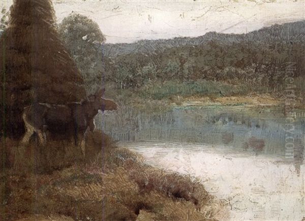 Moose At Lakeside Oil Painting by Edwin Willard Deming