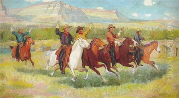 Five Cowboys Riding Into Camp Oil Painting by Edwin Willard Deming