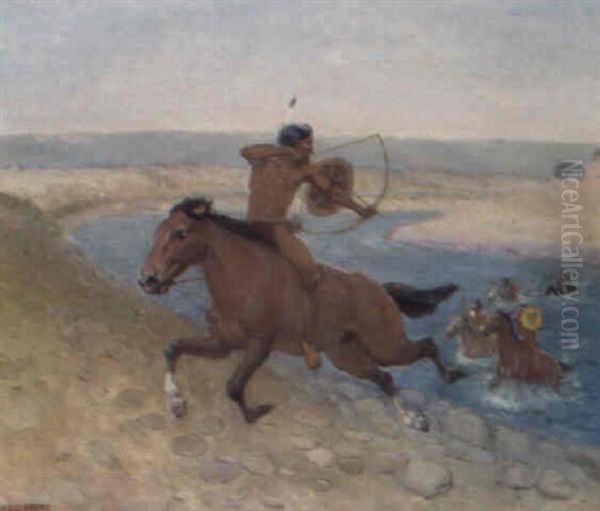 Western Landscape With Indians Oil Painting by Edwin Willard Deming