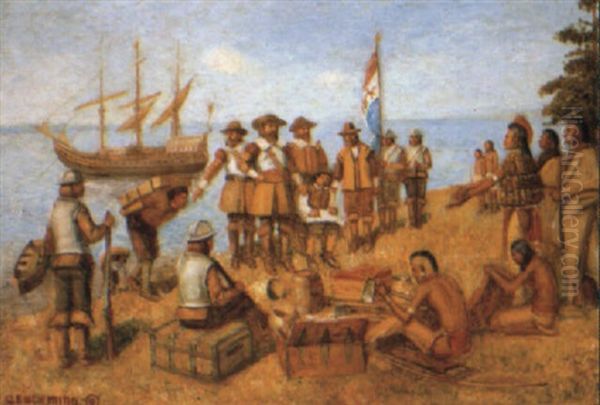 Treaty Between The Indians And The Dutch Oil Painting by Edwin Willard Deming