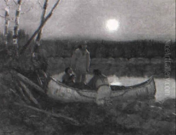 Moonlight Scene With Three Indians And A Canoe Oil Painting by Edwin Willard Deming