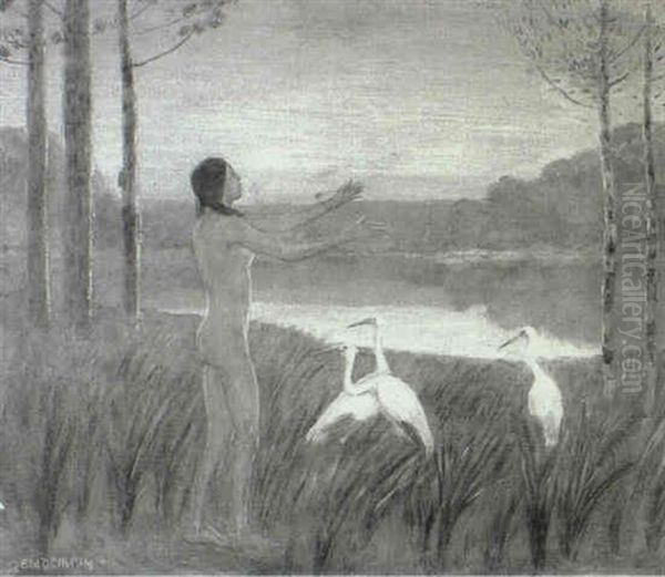 Indian Crane Legend Oil Painting by Edwin Willard Deming