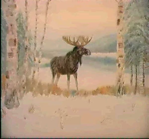 Moose In Winter Oil Painting by Edwin Willard Deming