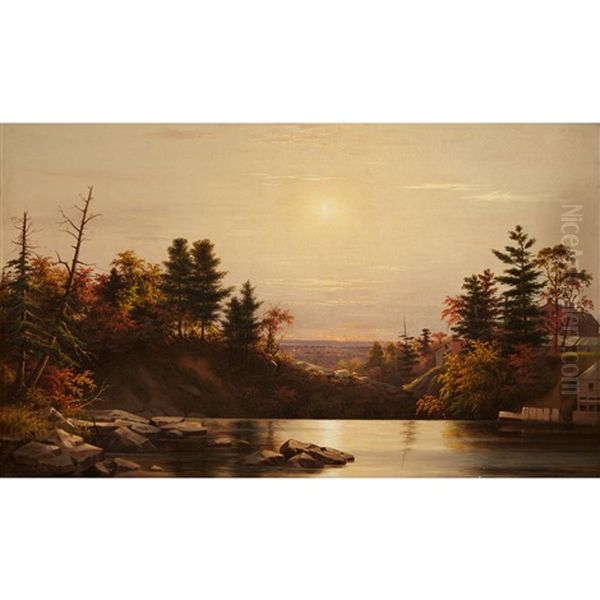 Autumn Landscape At Dawn Oil Painting by Adrien Louis Demont