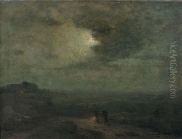 Deux Personnages Cheminant Dans Un Paysage Nocturne Oil Painting by Adrien Louis Demont