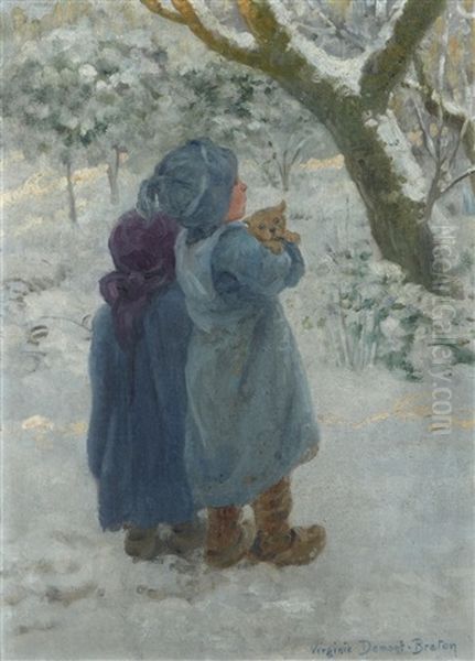 Petits Enfants Et Leur Chien Sosu La Neige Oil Painting by Virginie Demont-Breton