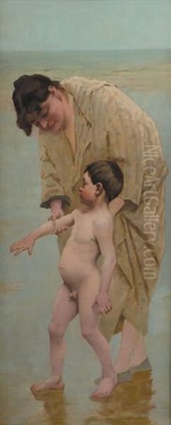 Femme Et Enfant A La Plage Oil Painting by Virginie Demont-Breton