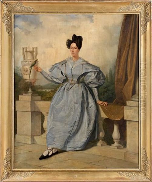 Portrait De Femme Au Perroquet Pres D'une Urne Oil Painting by Augustin-Luc Demoussy