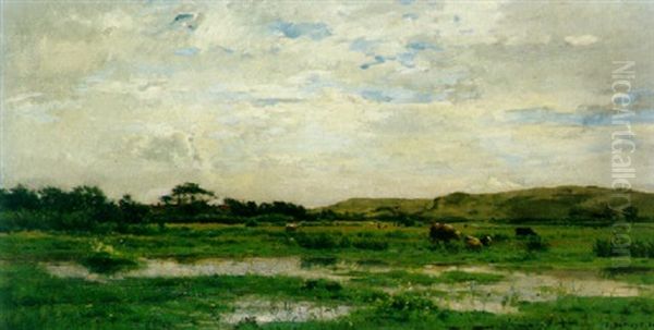 An Extensive Landscape With Cows Watering At A Marsh In The Foreground And Figures Beyond Oil Painting by Emmanuel Demoye