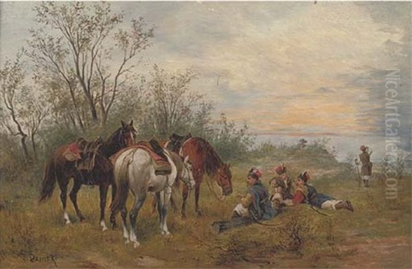 Cossacks Resting Their Horses At Dusk Oil Painting by Jozef Demski