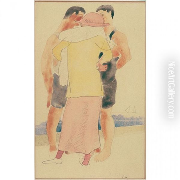 Two Men And A Woman On The Beach Oil Painting by Charles Demuth