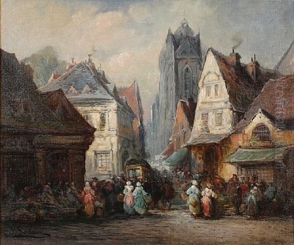 A Market Scene In Rouen Oil Painting by Paul Denarie