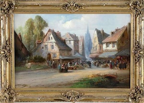 Scene De Marche Dans Un Village Oil Painting by Paul Denarie