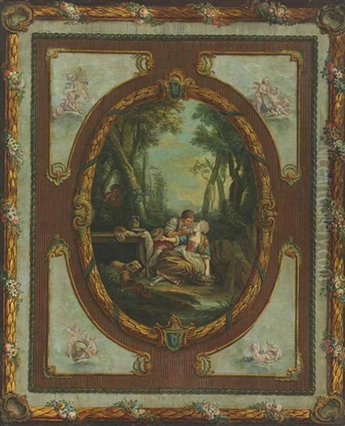 A Couple Picnicking In A Garden With A Spy In The Background; A Lute Player With A Couple And A Child; A Shepherdess Playing A Flute (3 Works) Oil Painting by Jean Dieudonne Deneux