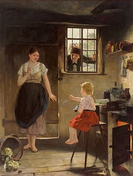 Kleinkind Verrat Die Grose Schwester, Die Sich Vor Dem Durch Das Fenster Blickenden Verehrer Hinter Der Ture Verbirgt Oil Painting by Theodor Dengler