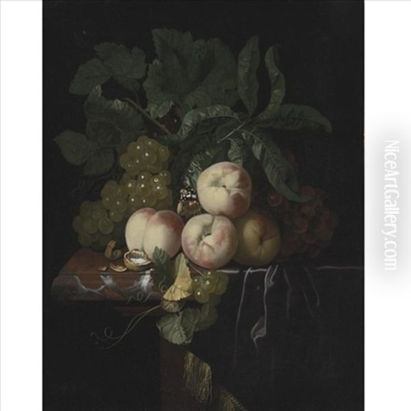 Still Life Of Peaches And Bunches Of Grapes Resting On A Marble Ledge Oil Painting by Isaac Denies