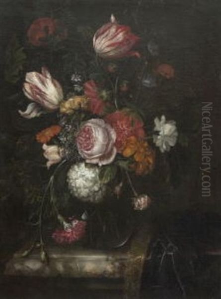 Stillleben Mit Tulpen, Schneeball, Rose, Mohn Und Anderen Bluten In Glasvase Auf Einer Marmorplatte Oil Painting by Isaac Denies