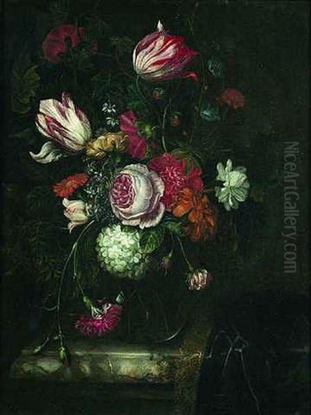 Blumenstraus In Einer Glasvase Mit Tulpen, Rosen, Nelken Und Anderen Blumen Oil Painting by Isaac Denies