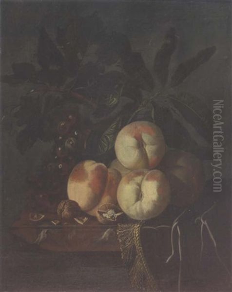 Peches, Noix Et Raisins Sur Un Entablement Oil Painting by Isaac Denies