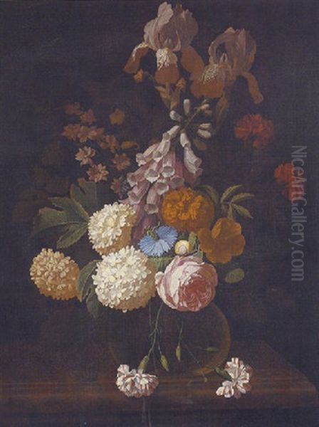 A Still Life Of A Rose, Irises, Carnations, Cornflower, Foxglove, Chrysanthemums And Other Flowers, In A Glass Vase Oil Painting by Isaac Denies