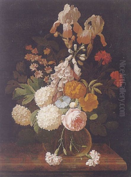 Still Life Of A Rose, Irises, Carnations, Foxglove, Chrysanthemums And Other Flowers In A Glass Vase, Resting On A Table Oil Painting by Isaac Denies